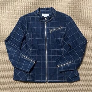 Susan Graver Style Blue Windowpane Denim Zip Up Moto Jacket XL A07834